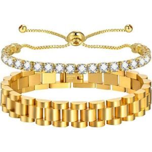 2pcs 18K Gold Plated Chain Link Bracelet, Stainless Steel Crystal